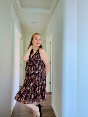 DREW Dark Floral Tiered Halter Mini Dress - Black and Pink